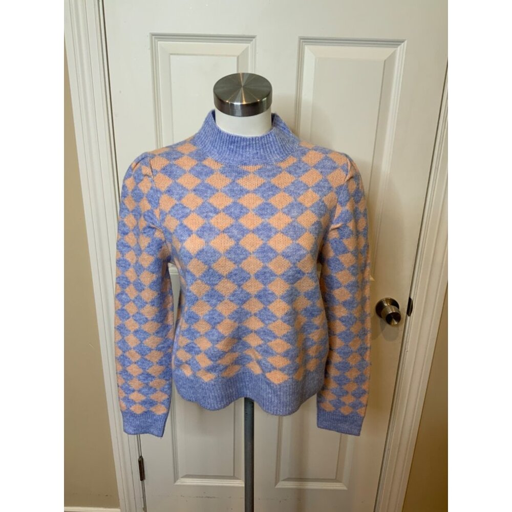 THML Light Blue & Pink Checkerboard Mock Neck Cropped Sweater, Size Medium